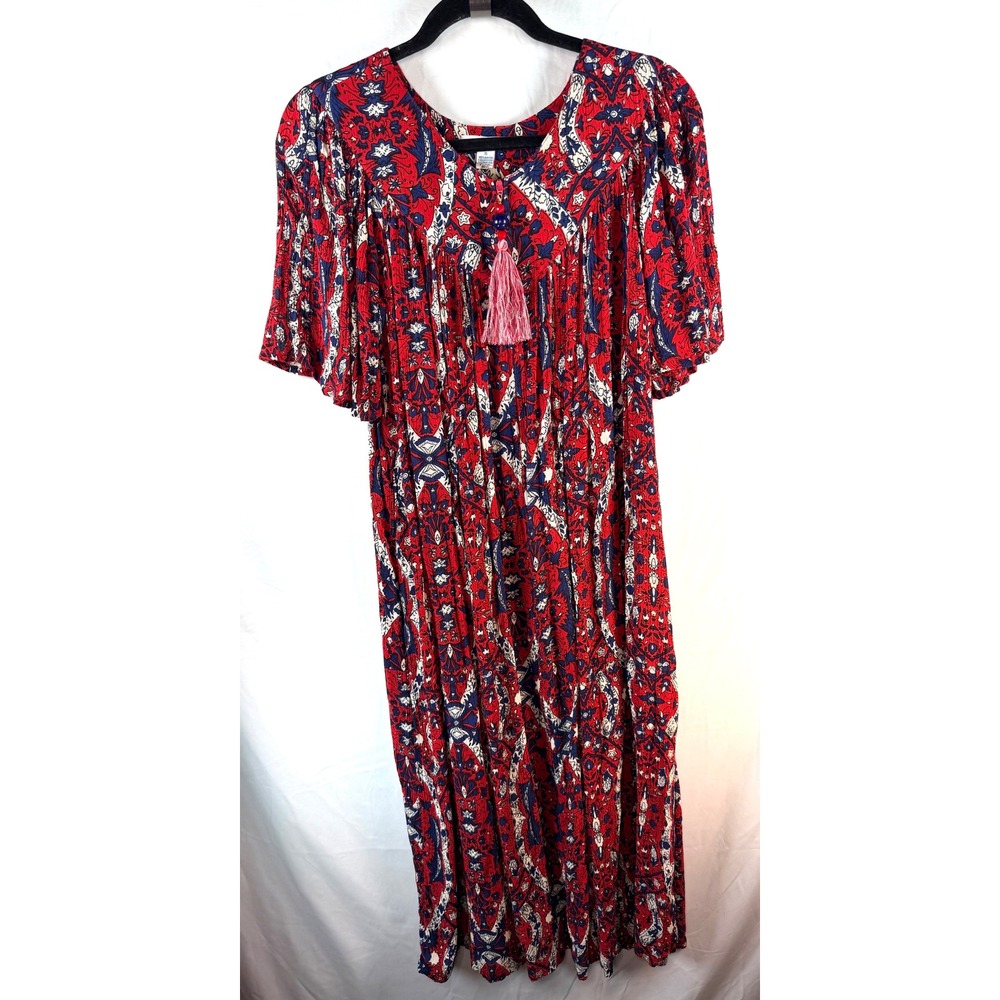 Go Softly Patio Muumuu House Dress Red Blue Floral Paisley Boho Tassel Midi S